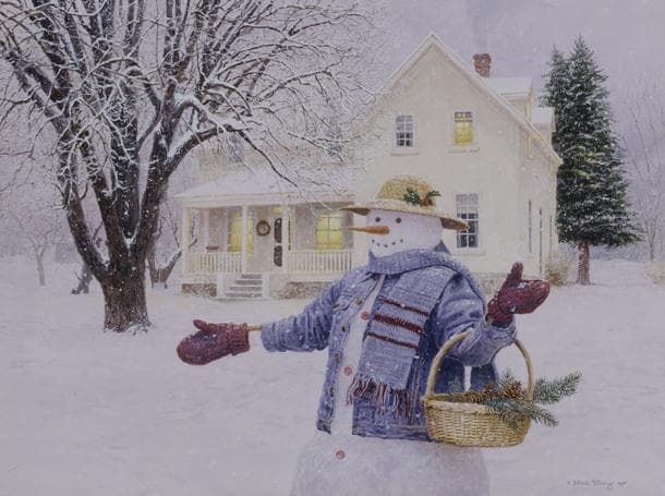 家の前で松ぼっくりを拾う麦わら帽子の雪だるま ヴィンテージ ステンドグラス