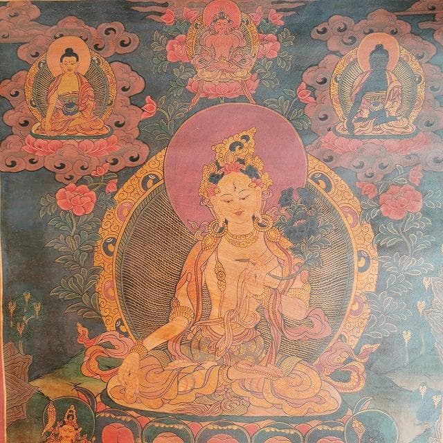 ホワイトターラー　大　観音様の涙の化身・白多羅菩薩：　タンカ　仏画（額縁なし）
