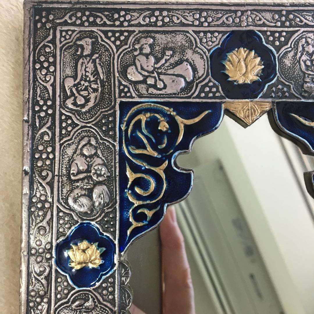イラン ペルシャ 手彫り 彫金 七宝 鏡 骨董品 アンティーク