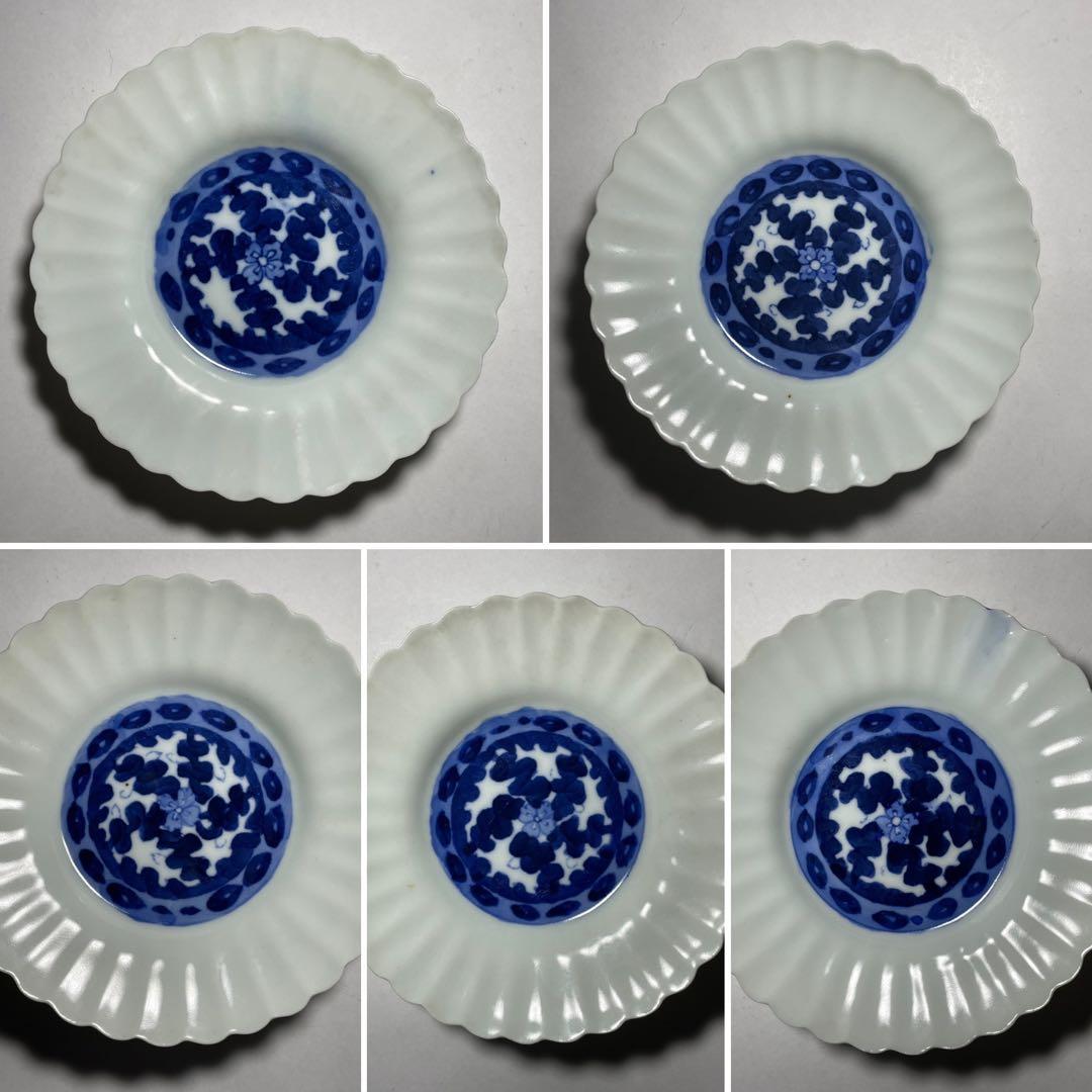 ◆染付菊形輪花皿5枚 花文 中皿 旧家蔵出し品 美品 江戸幕末期〜明治初期◆