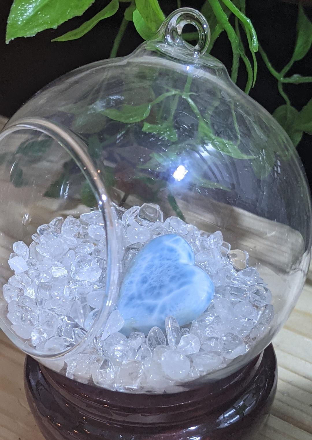 癒やしの光…ラリマー（ブルーペクトライト）ハート　ガラスドームシリーズ