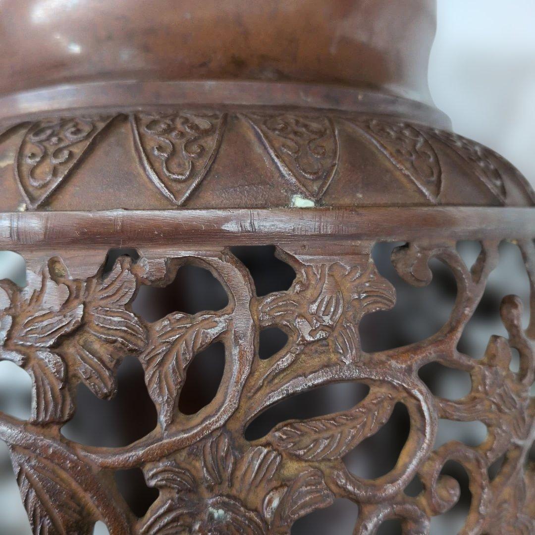 花銅器☆ 唐草透かし　薄端 焼型　唐銅　銅器　花生　薄端