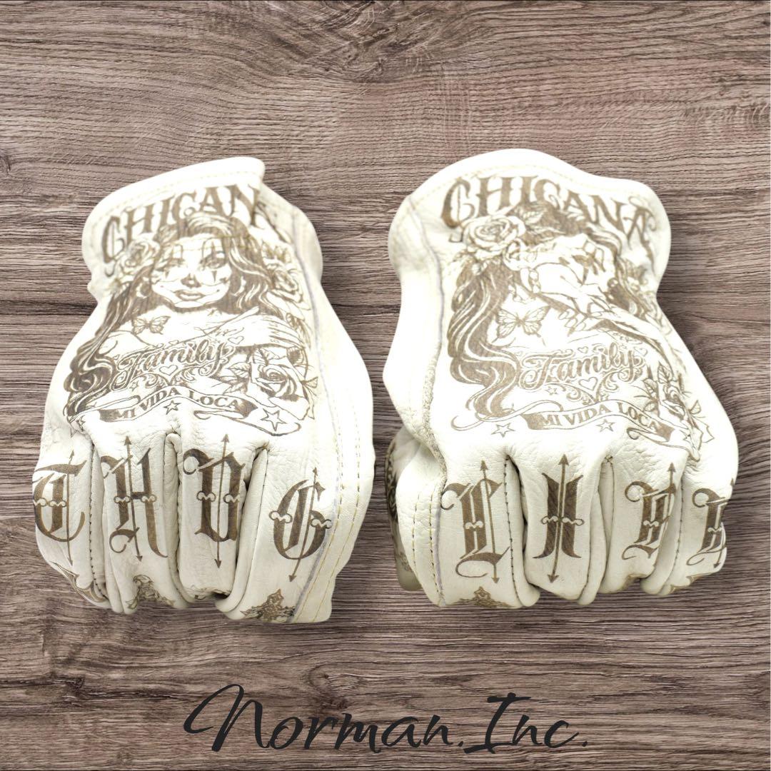 牛革　レザーグローブ　アメリカン　バイク　ハーレー　カスタム　手袋　白　M