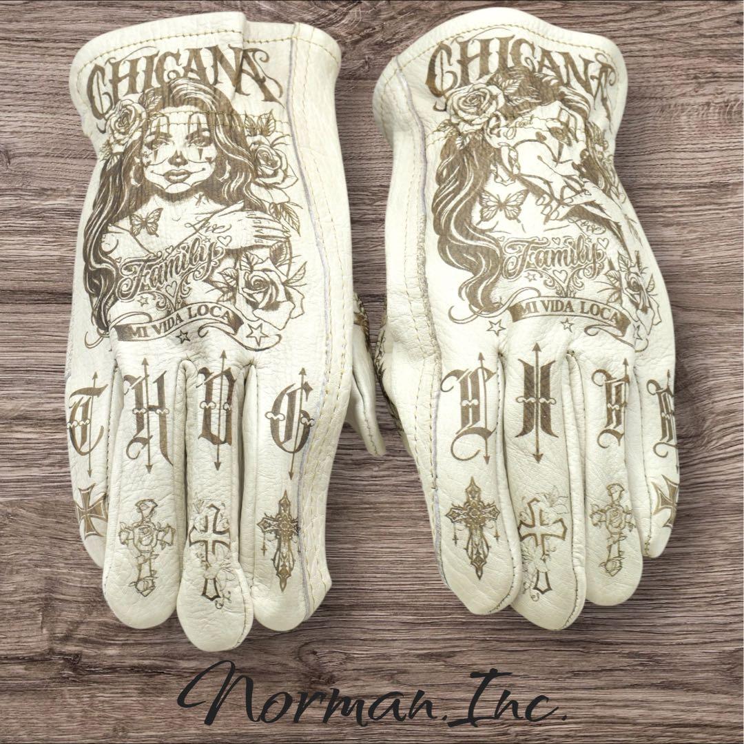 牛革　レザーグローブ　アメリカン　バイク　ハーレー　カスタム　手袋　白　M