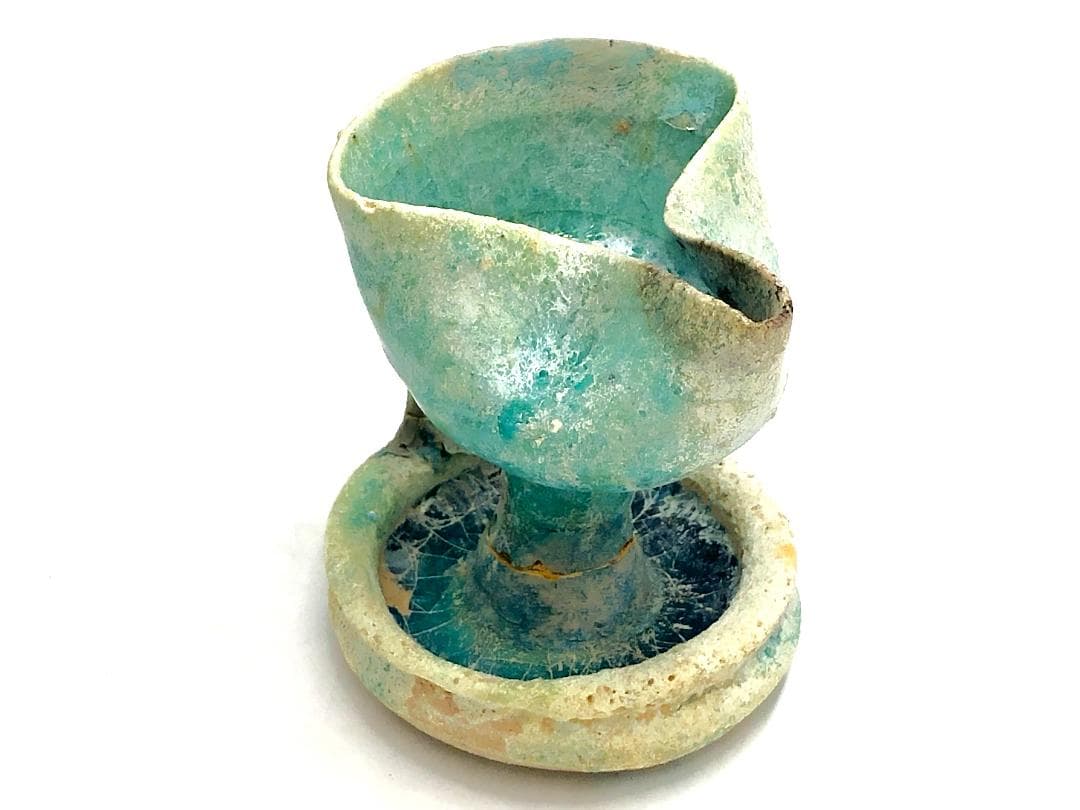 【 ペルシャ古陶 】 出土灯火器 青釉銀化 イスラム陶