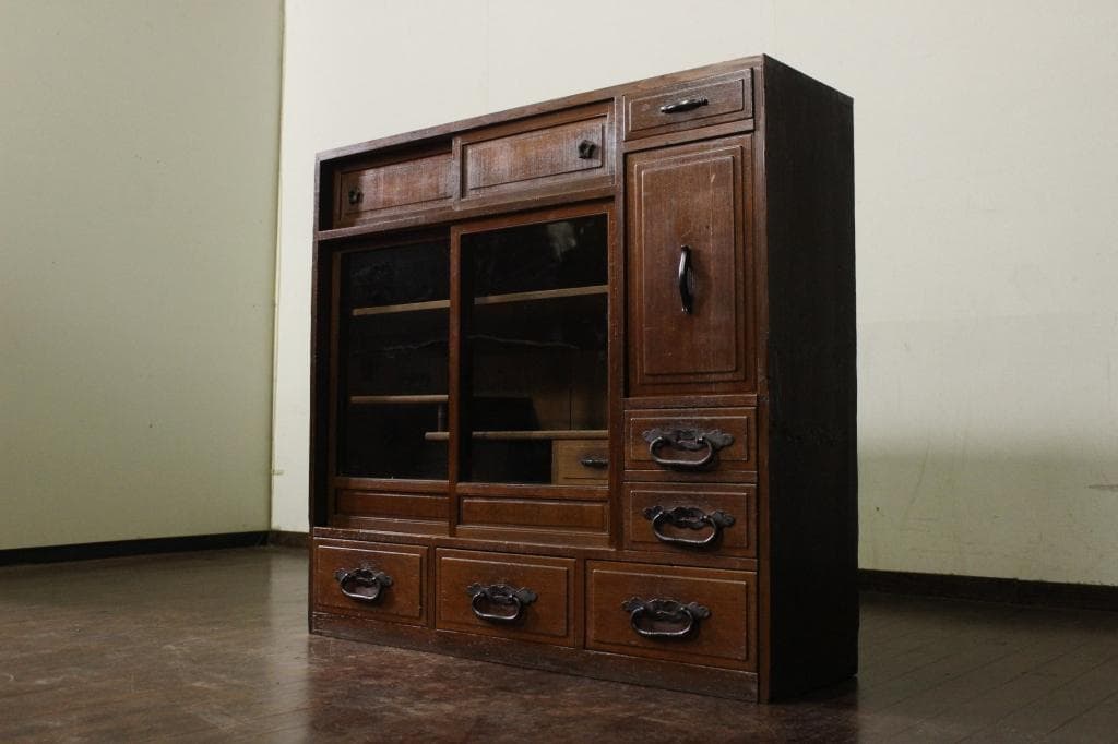 古い木製茶箪笥 収納棚/和家具/飾棚/食器棚時代箪笥/茶道具/ガラス戸棚/煎茶棚