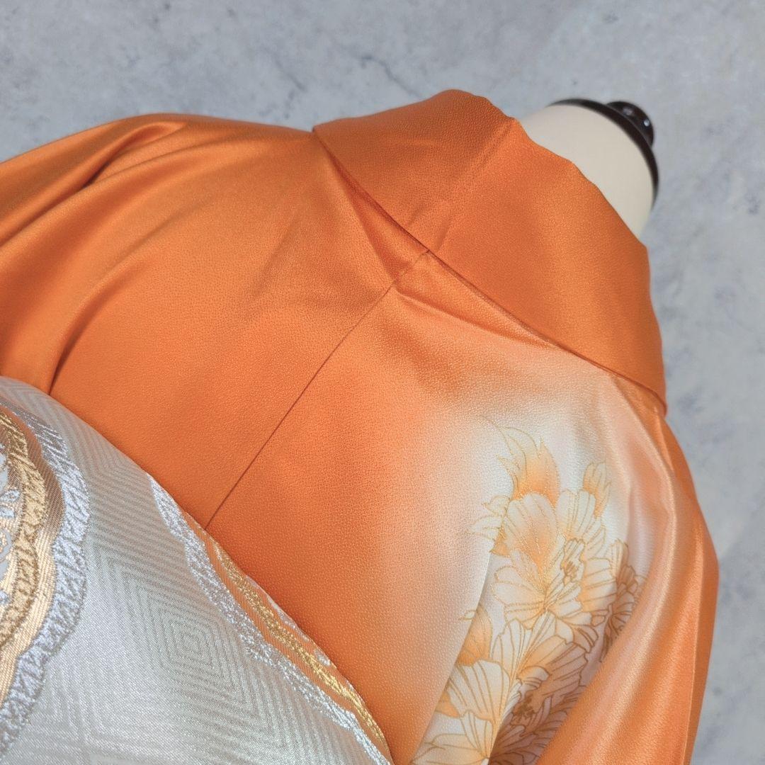 訪問着　フルセット　着物　正絹　オレンジ　橙　明るい　金駒刺繍　O8