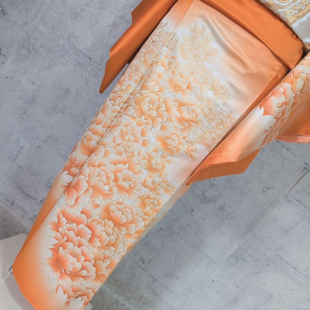 訪問着　フルセット　着物　正絹　オレンジ　橙　明るい　金駒刺繍　O8