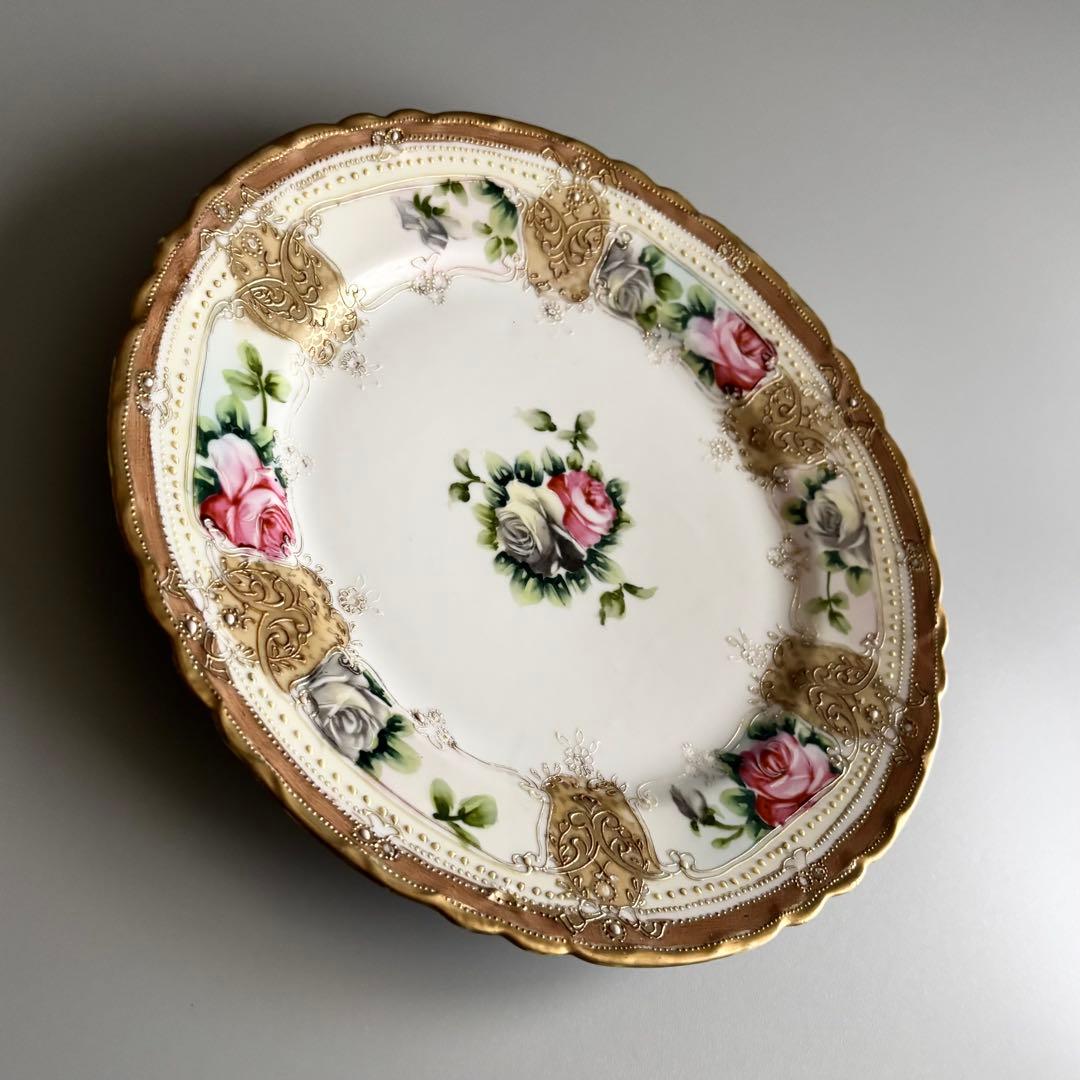 アンティーク　初期オールドノリタケ　金彩＆薔薇　華やかなジュエルプレート⁂稀少品