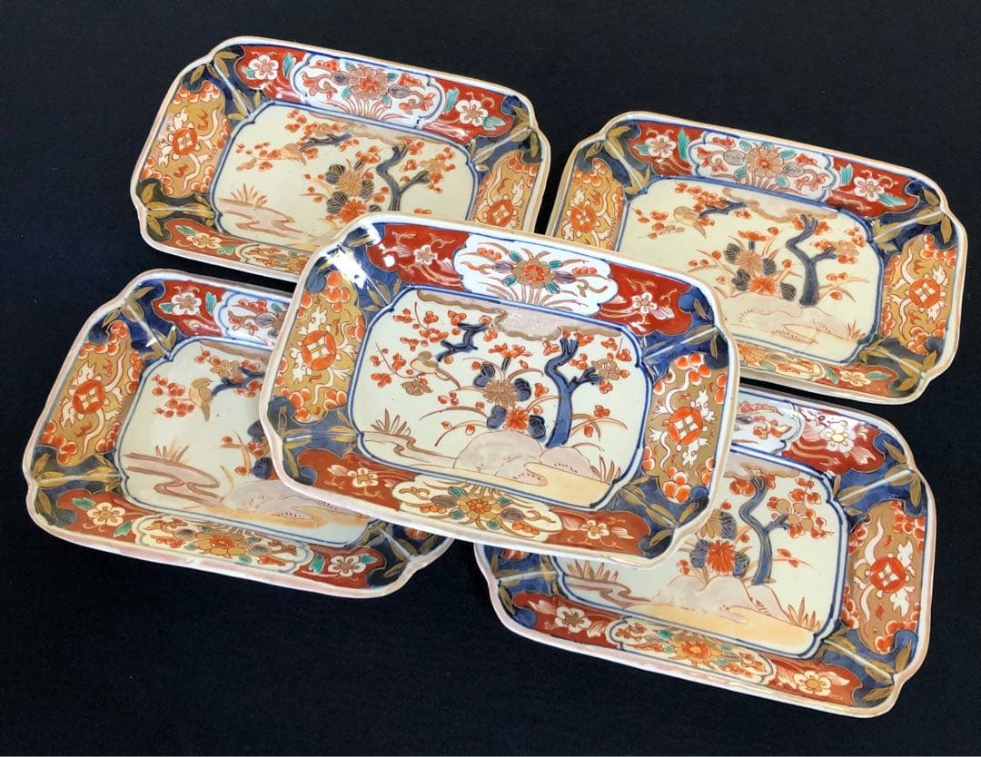 割引❗️《R》伊万里 金彩色絵 花鳥文様 長皿5客 木箱　250725F1