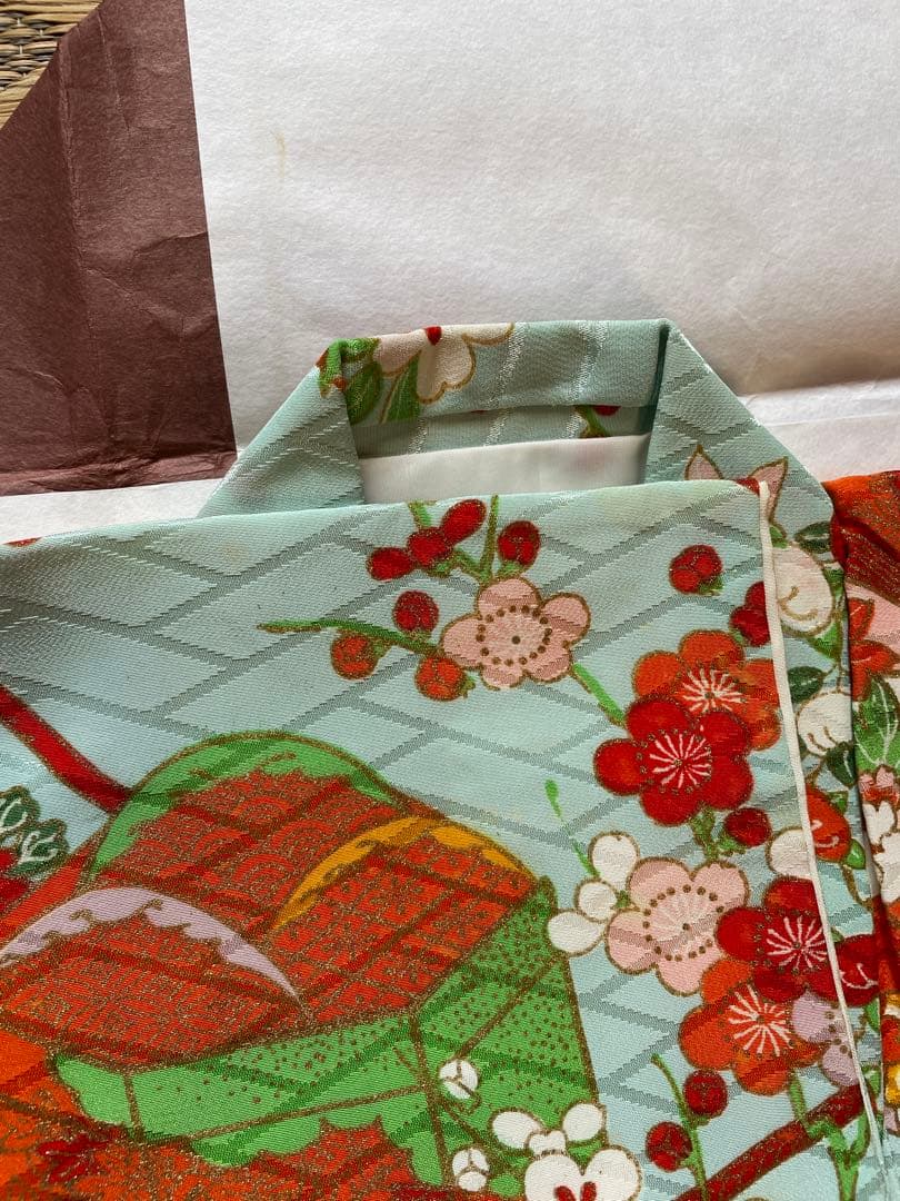 七五三 着物一式 青色 花柄 女の子 アンティーク 7歳着物　753