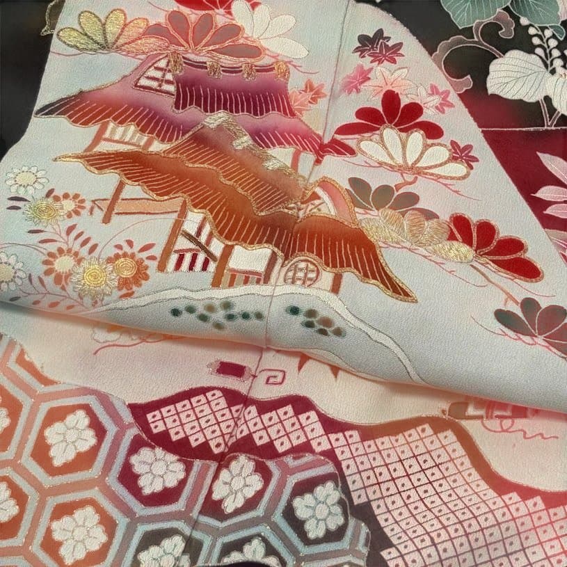 まりこさん専用　アンティーク　黒留袖　両褄　駒刺繍　大正ロマン　正絹　J101