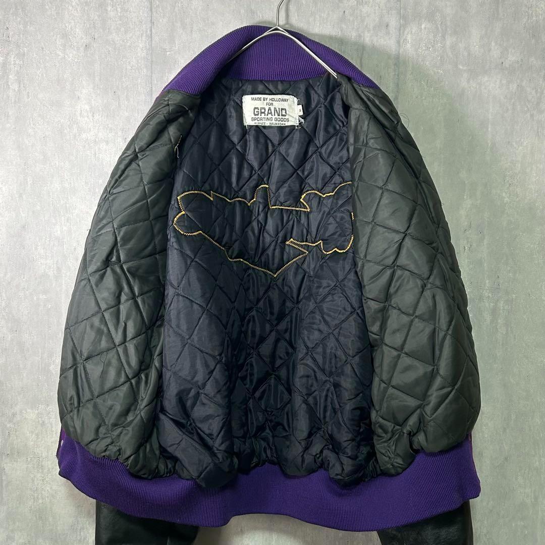 希少カラー ヴィンテージ スタジャン 袖レザー ワッペン刺繍 紫 黒 XL