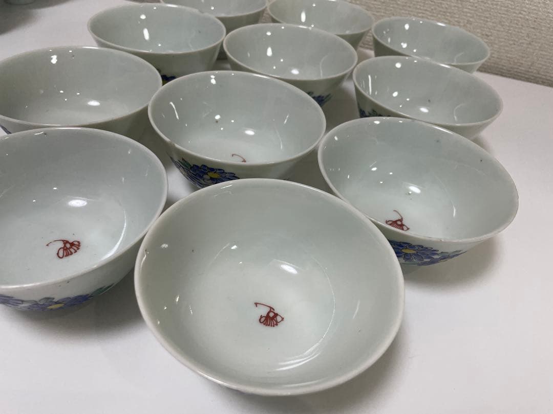 【現状品】白磁 茶碗 蓋付き椀 秋庭菊花香 花柄 レトロ アンティーク 11客
