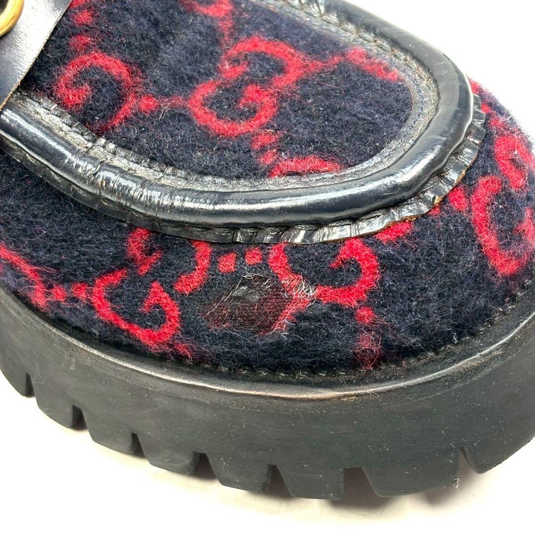 GUCCI グッチ　ブーツ　ホースビット　ローファー　ウール　GG ネイビー