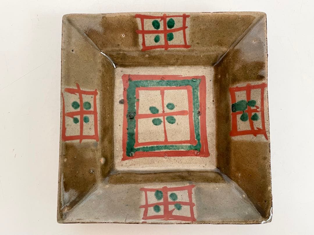 人間国宝　陶芸家　濱田庄司　浜田庄司　赤絵皿　識箱　菓子皿　四方皿