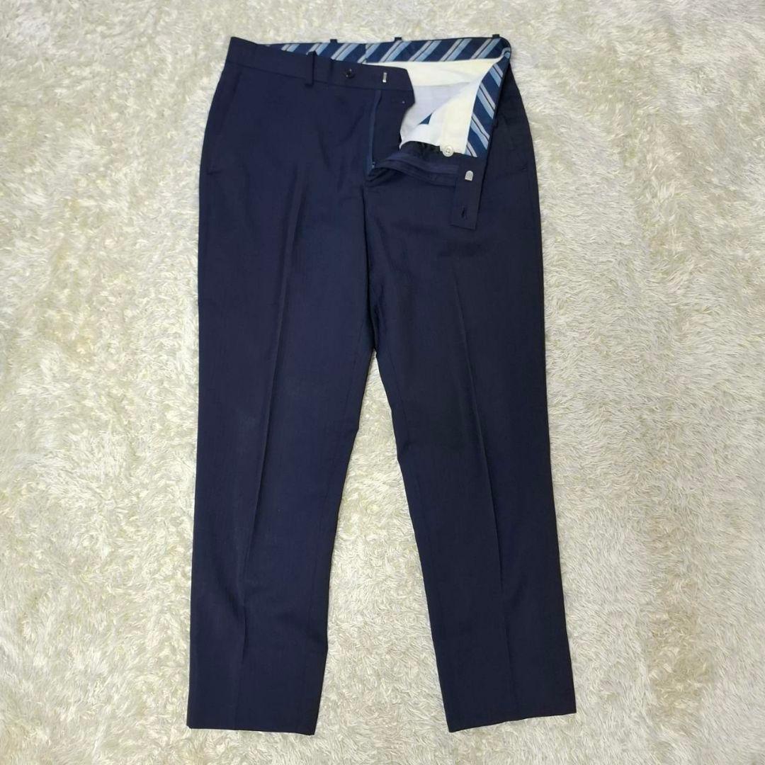 オリヒカ　３ピース　スーツ　ストライプ　紺色　S　毛混　ベストリバーシブル