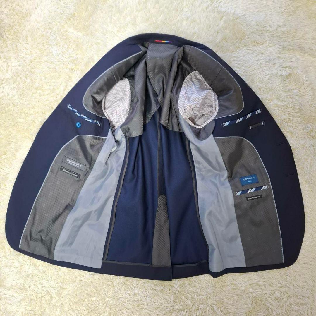 オリヒカ　３ピース　スーツ　ストライプ　紺色　S　毛混　ベストリバーシブル