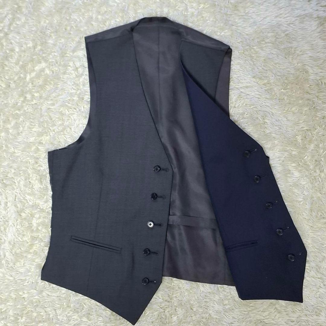 オリヒカ　３ピース　スーツ　ストライプ　紺色　S　毛混　ベストリバーシブル