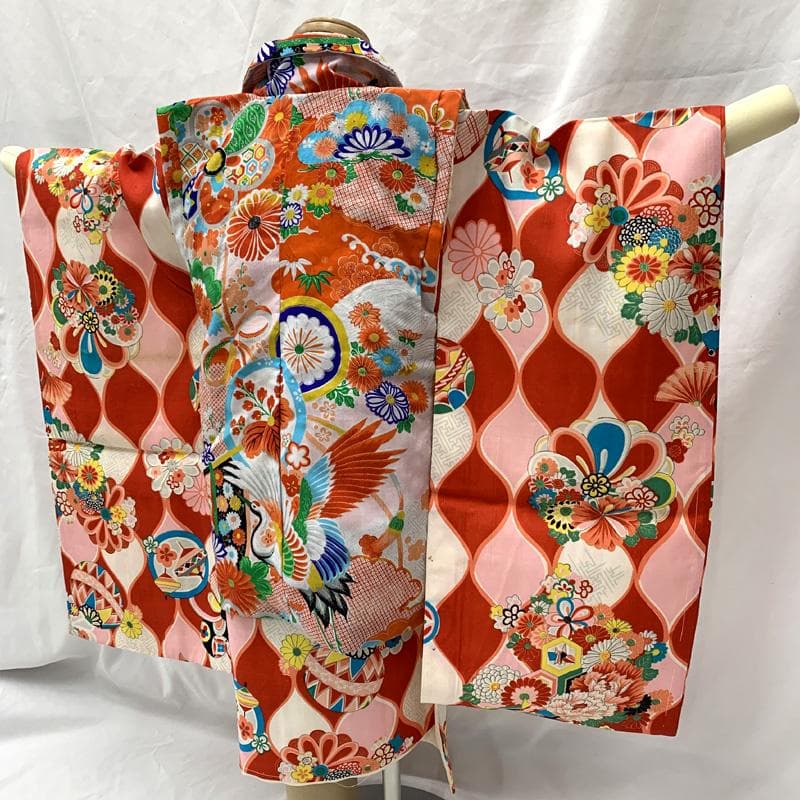 602ag21□七五三 三歳 セミアンティーク 女児 着物&被布 毬□状態良好