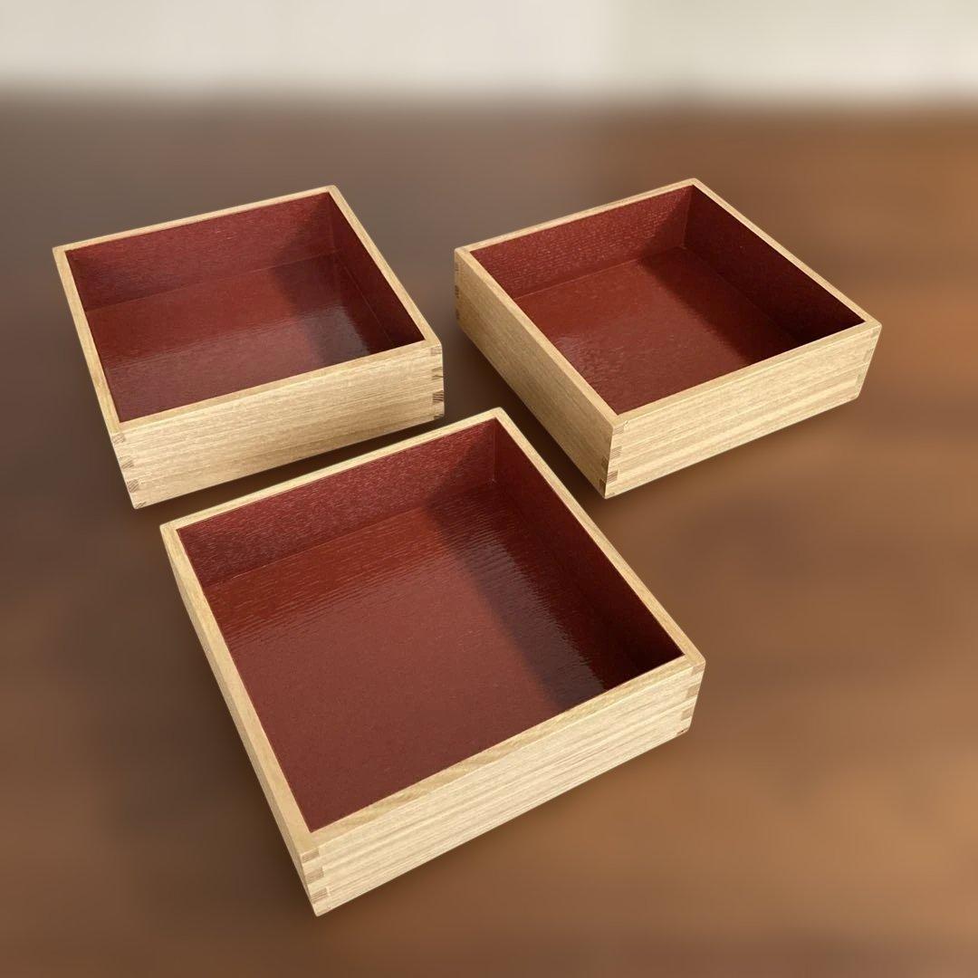 松屋漆器店　白木三段重箱6寸　仕切り4 小皿9お包み風呂敷付き　おせち遠足