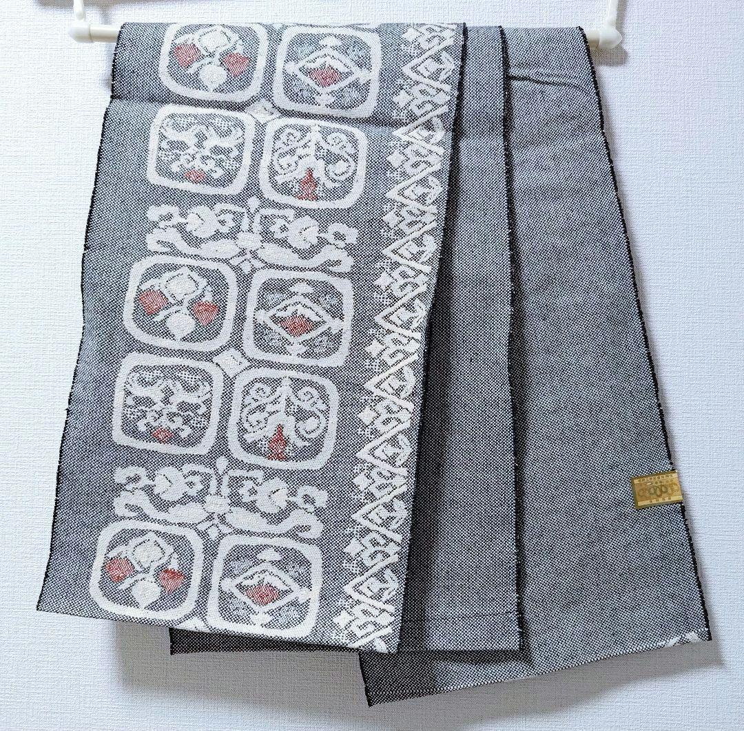 大人の名古屋帯黒白桐生紬幾何学柄帯和柄伝統工芸品和服和装グレー織の帯正絹つむぎ単