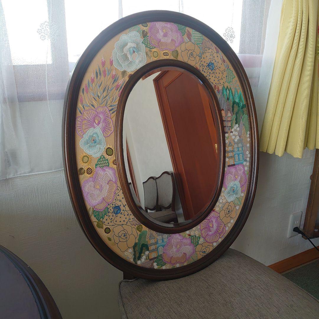 フランス雑貨　鏡　花　刺繍　レース　大型ミラー　木製フレーム　オーバル型