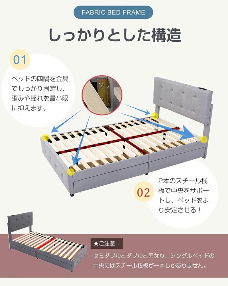 ファブリックベッド【ダブル】　引き出し付き　布貼り　大人用　DARK　GREY