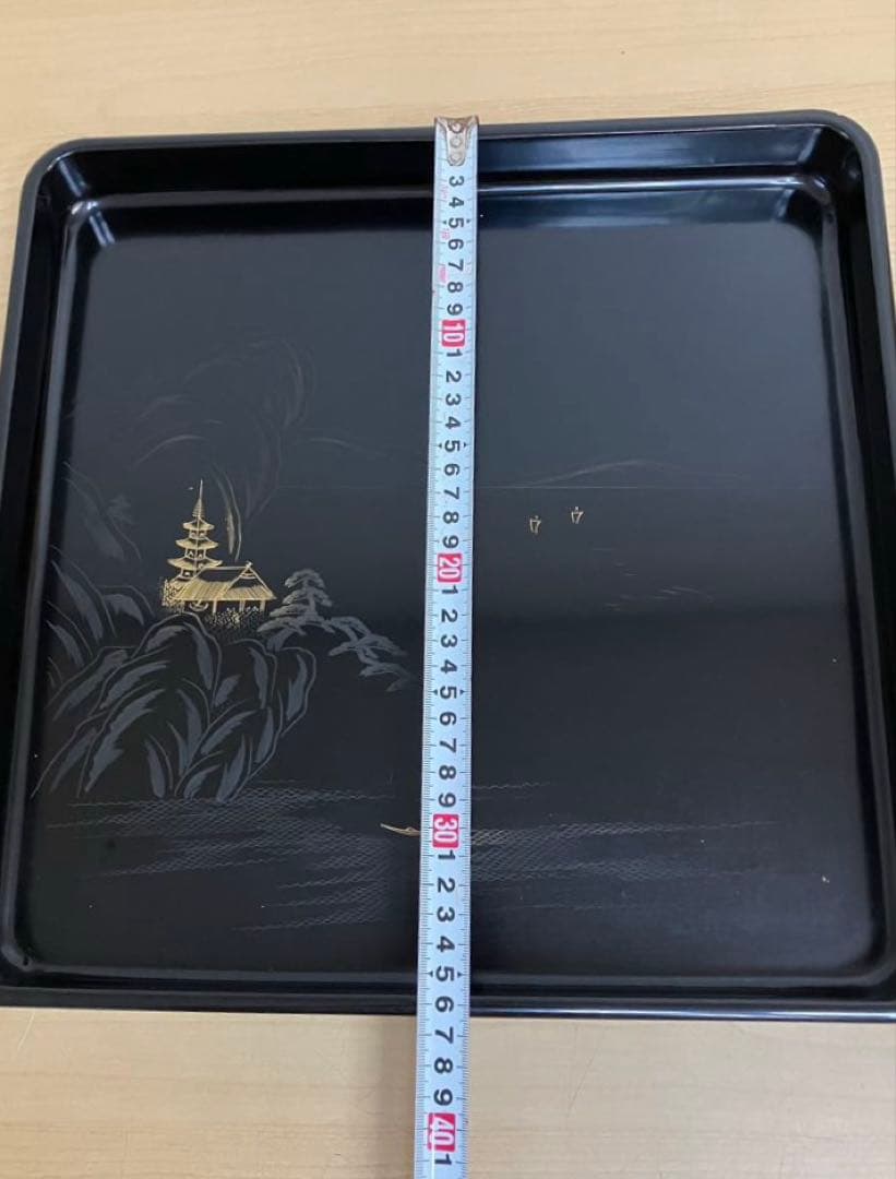 【茶道具 懐石膳 木製黒塗 沈金 山水蒔絵 10枚揃 四方膳 】天然木製 懐石盆