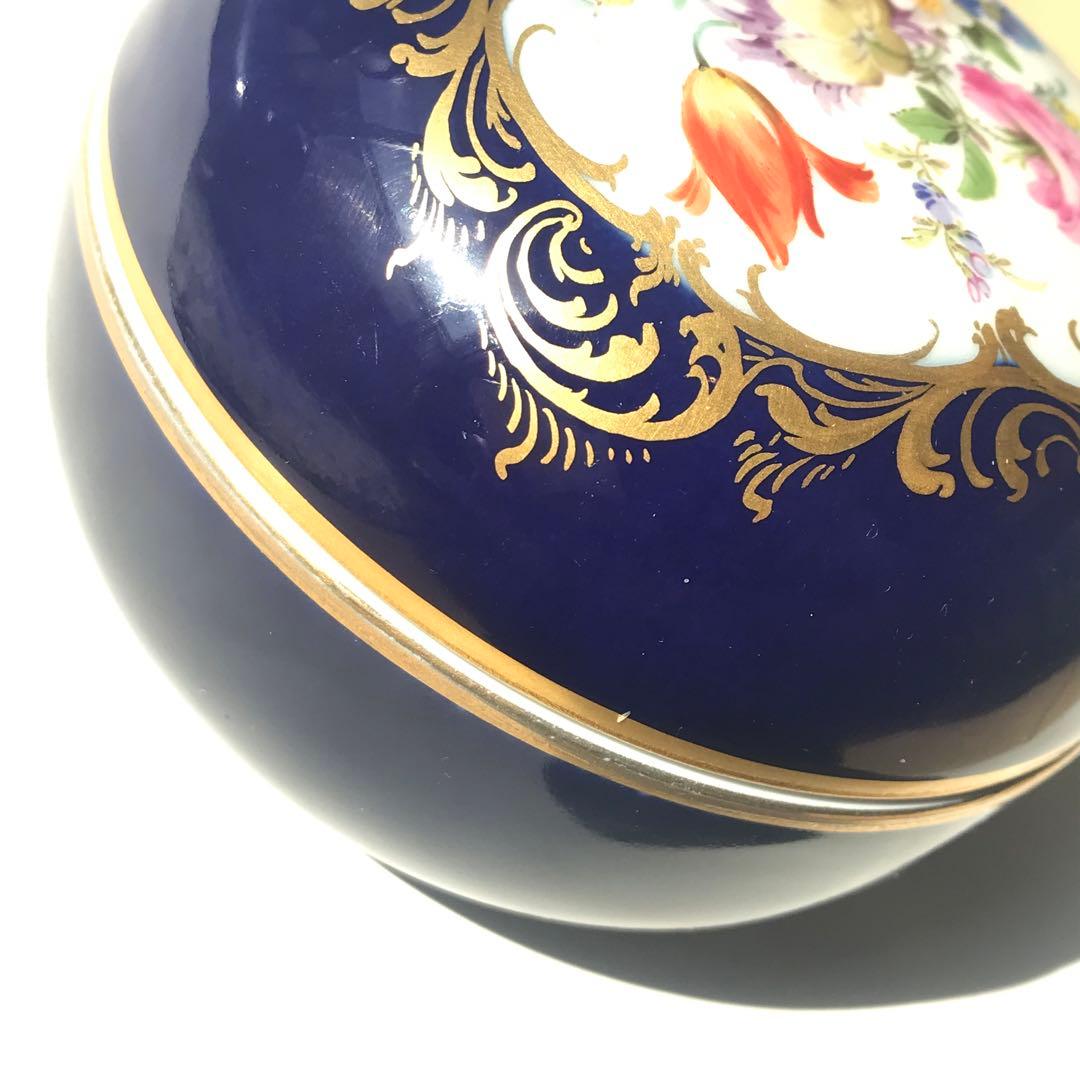 【未使用】マイセン コバルト フラワーブーケ 金彩 花絵 小物入れ 置物 蓋物