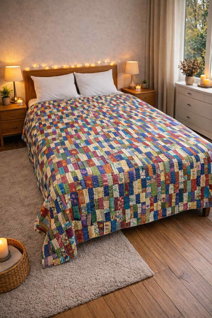 インド　ダブルサイズ　パッチワーク　ストーンウォッシュ×花柄