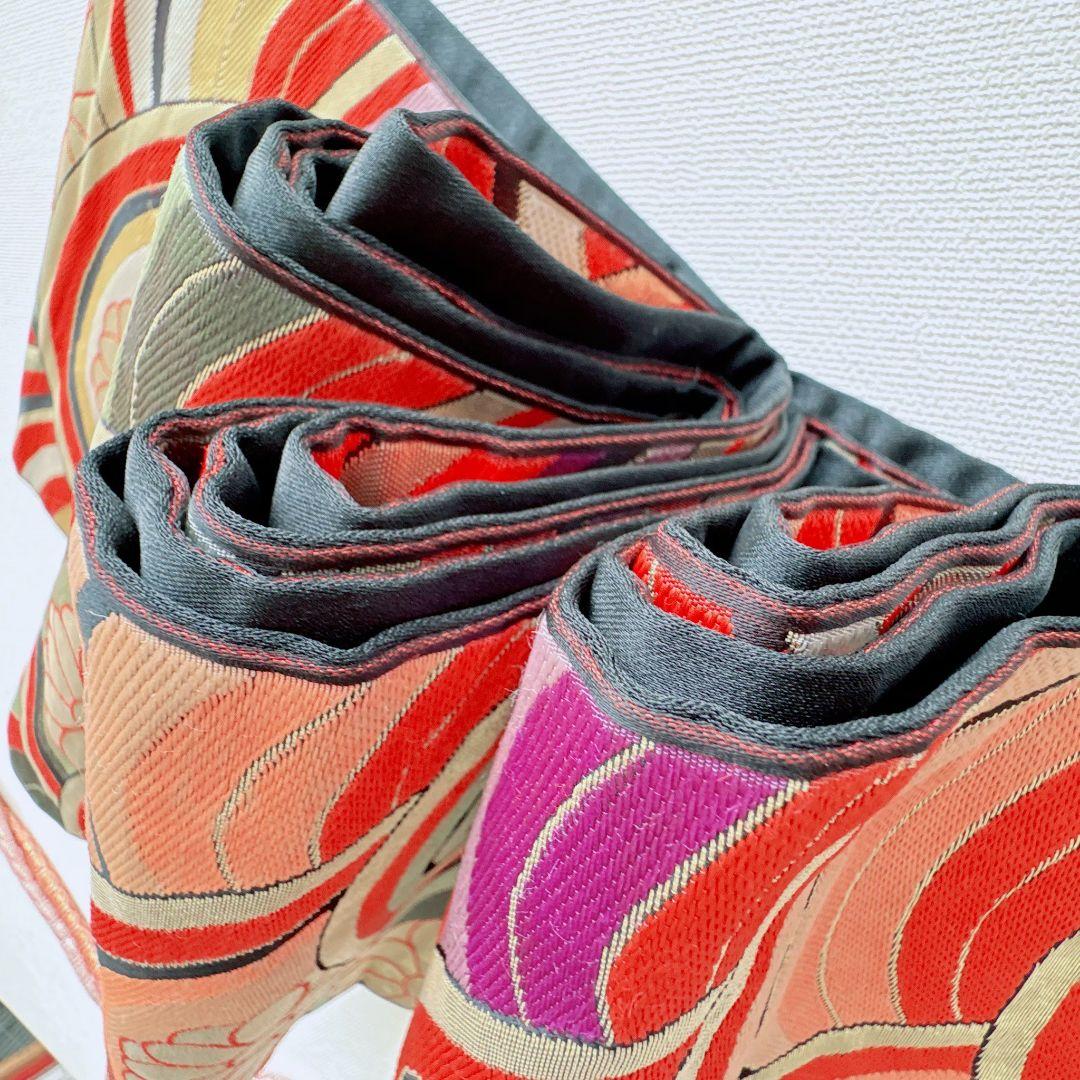 フルセット七五三７歳女の子　オレンジ地　傘椿　黒地袋帯　袖なし長襦袢7125