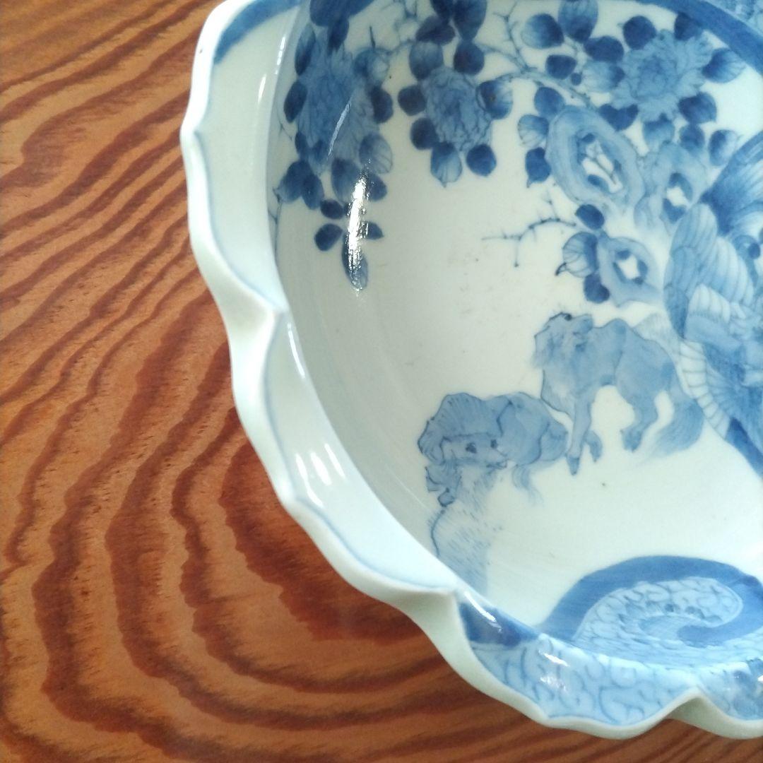 図変わり 洋犬 鉢 鳳凰 江戸期 染付 古伊万里 上手 アンティーク 茶船 茶盤