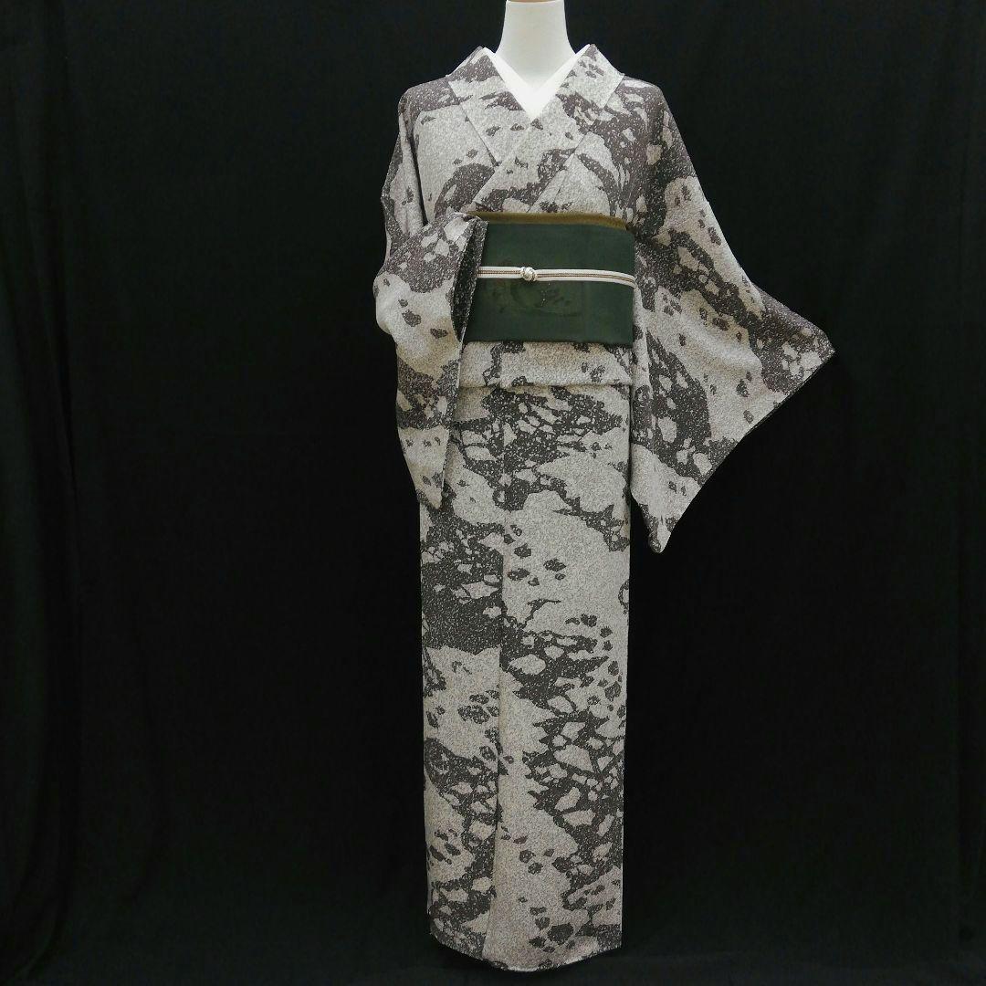 小紋(袷)　(たたき染め　流氷紋様　個性的　モノトーン　作家　上質ちりめん)