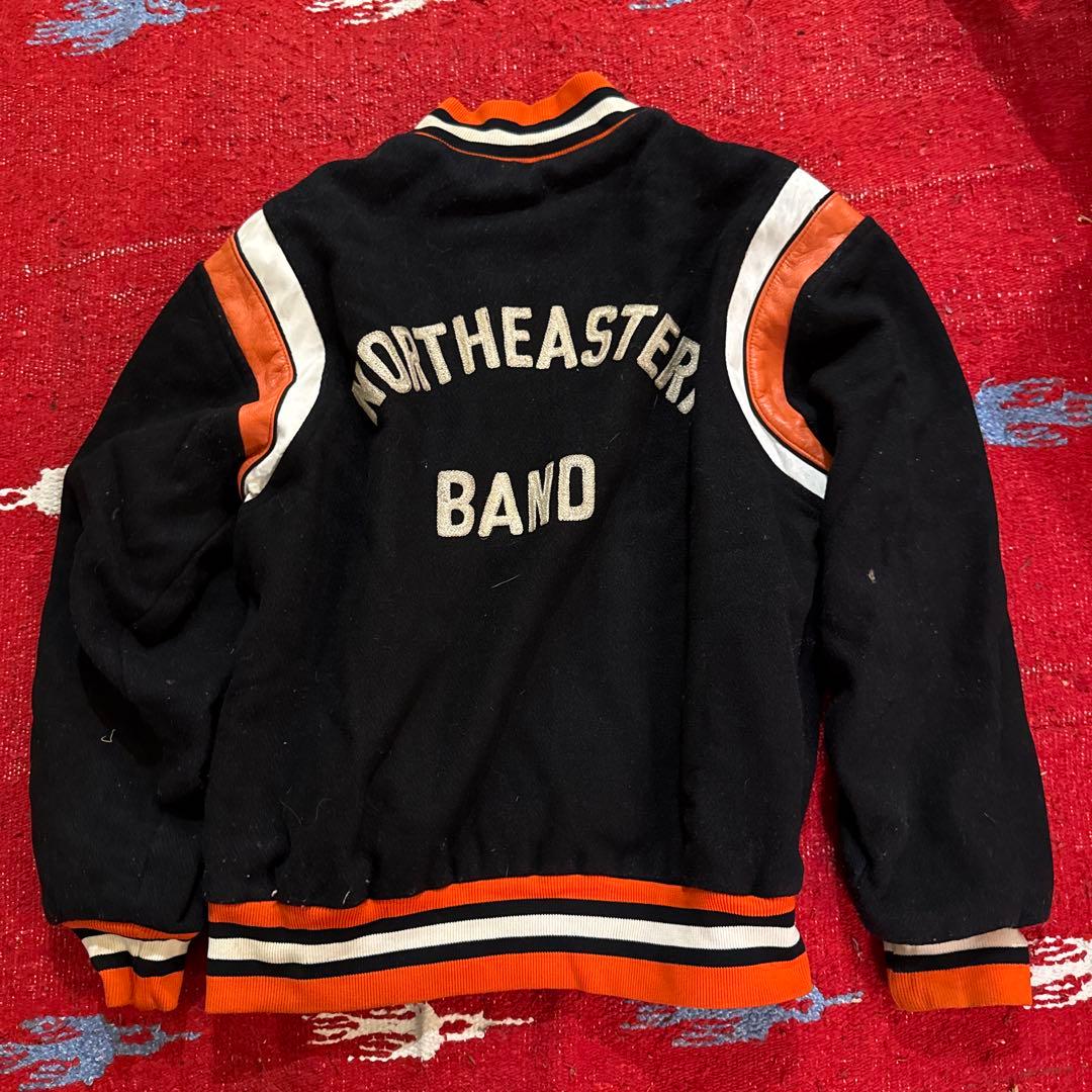 ヴィンテージスクールジャケット　ウール　レザー切替 チェーンステッチ刺繍 XL