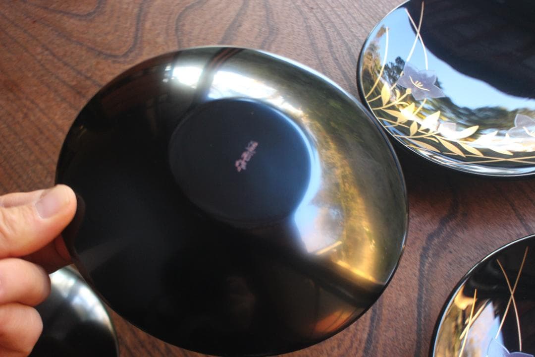 デッドストック！上質黒漆に優美な桔梗蒔絵の映える銘々皿5点（検輪島塗銘々皿蒔絵皿