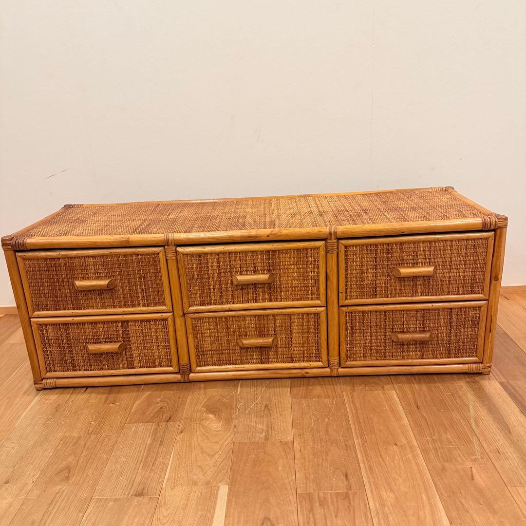 【アンティーク】籐 ラタン サイドボード チェスト ローボード 6杯 古民家