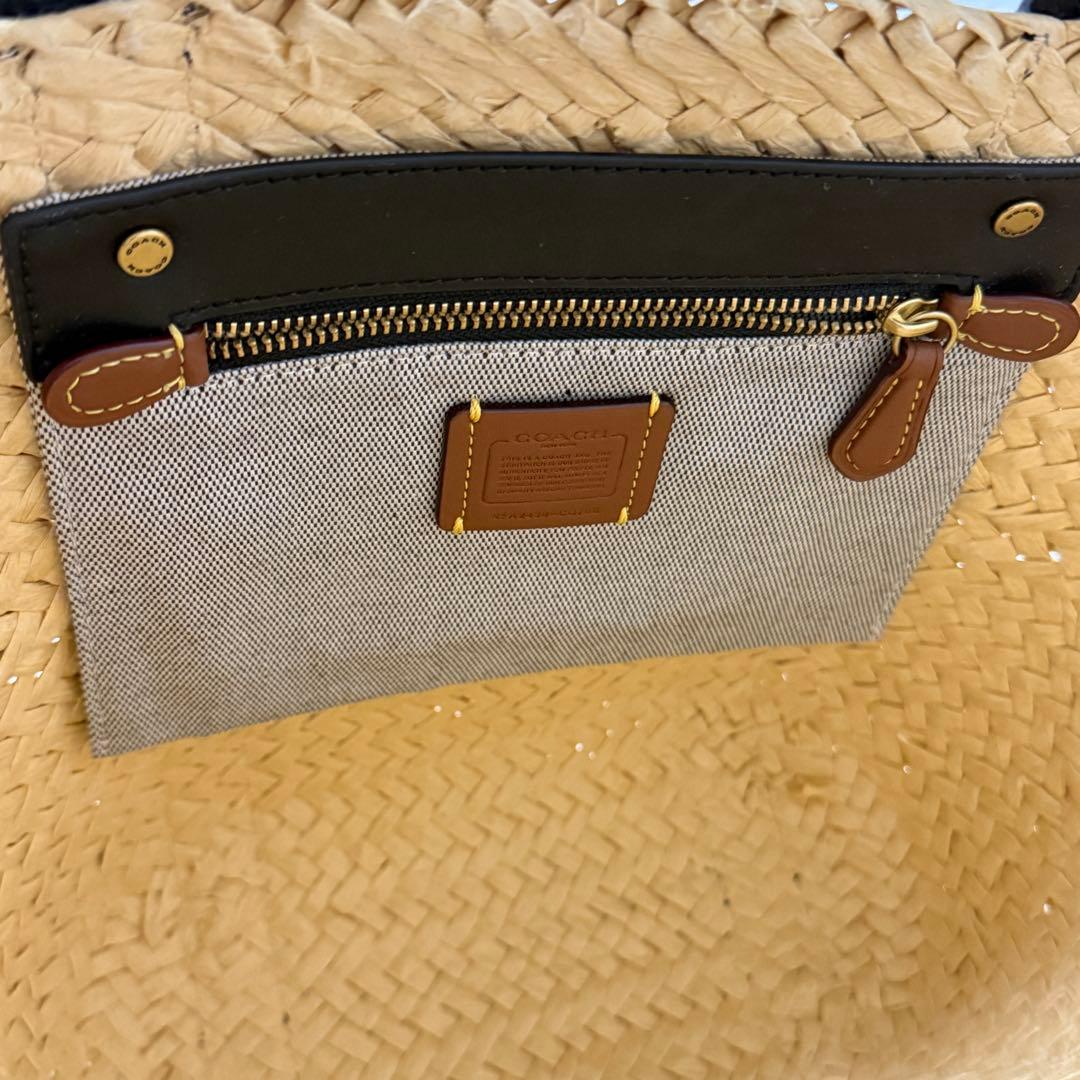 コーチ かごバッグ C金具 肩掛け可能 ストロー×レザー ブラック