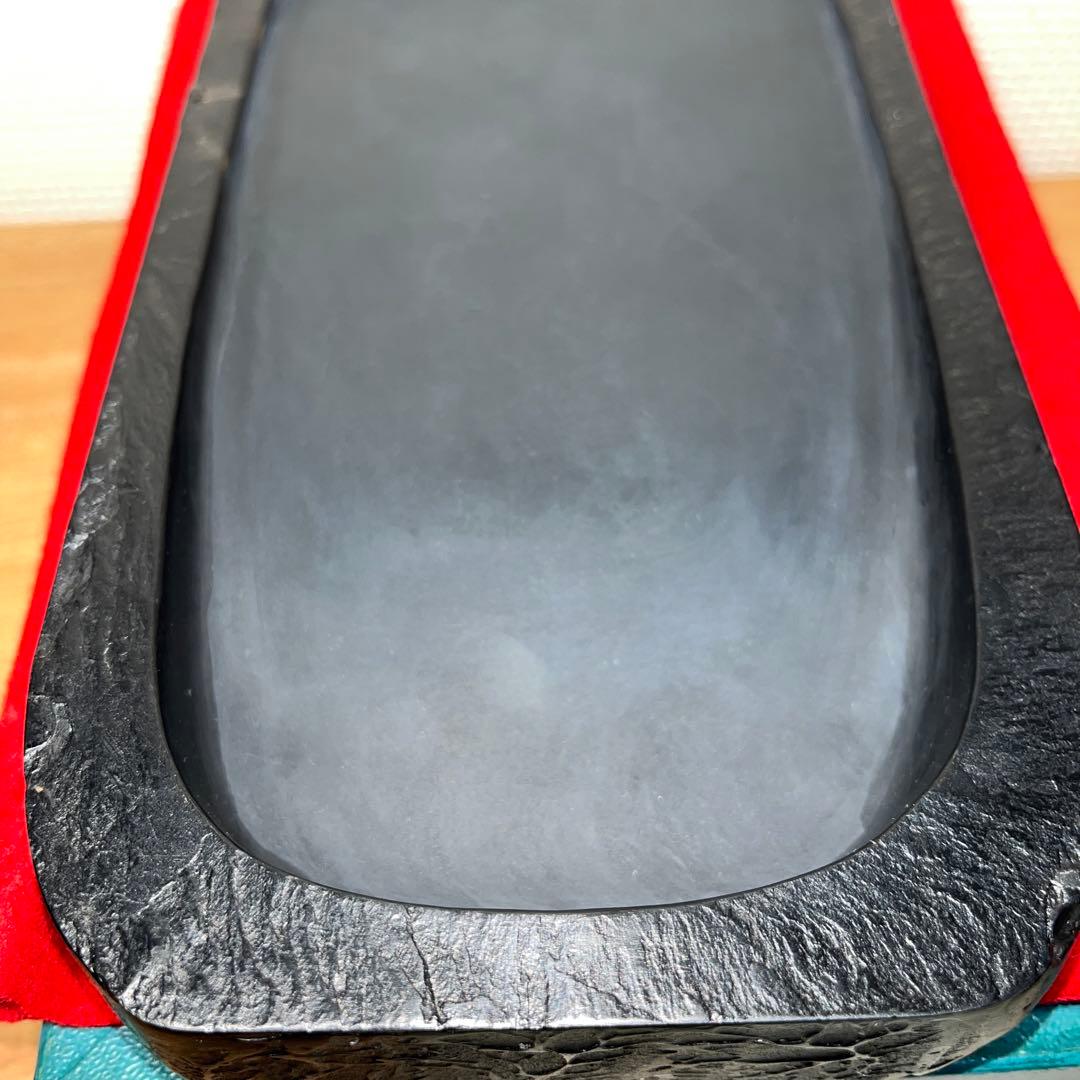 ⭕️雄勝硯　共蓋付き　伝統工芸士　山崎勝　7寸大　咲き梅花彫刻蓋　大型　石紋綺麗