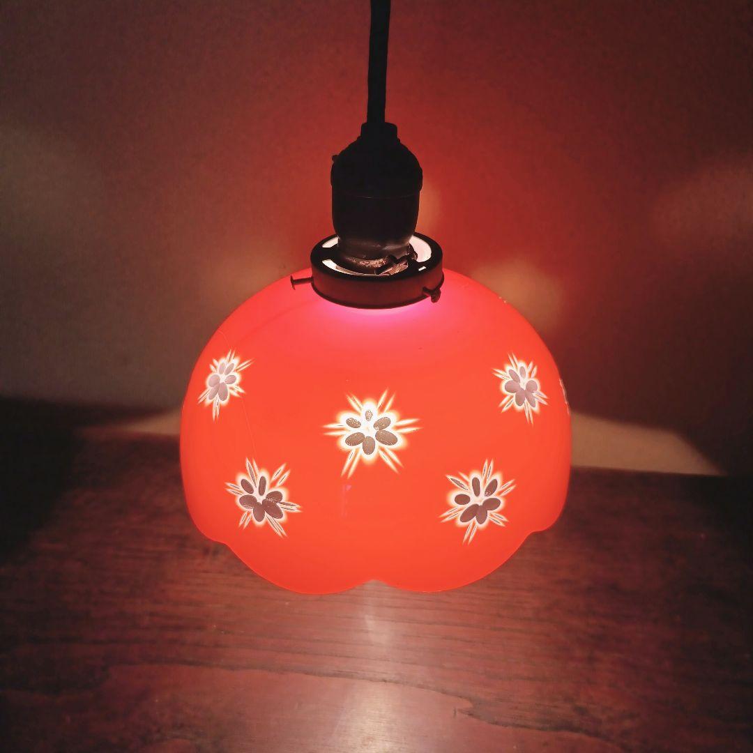 【赤】 切子 電笠 ガラス 花模様 被せ 照明 大正 ライト 乳白 シェード
