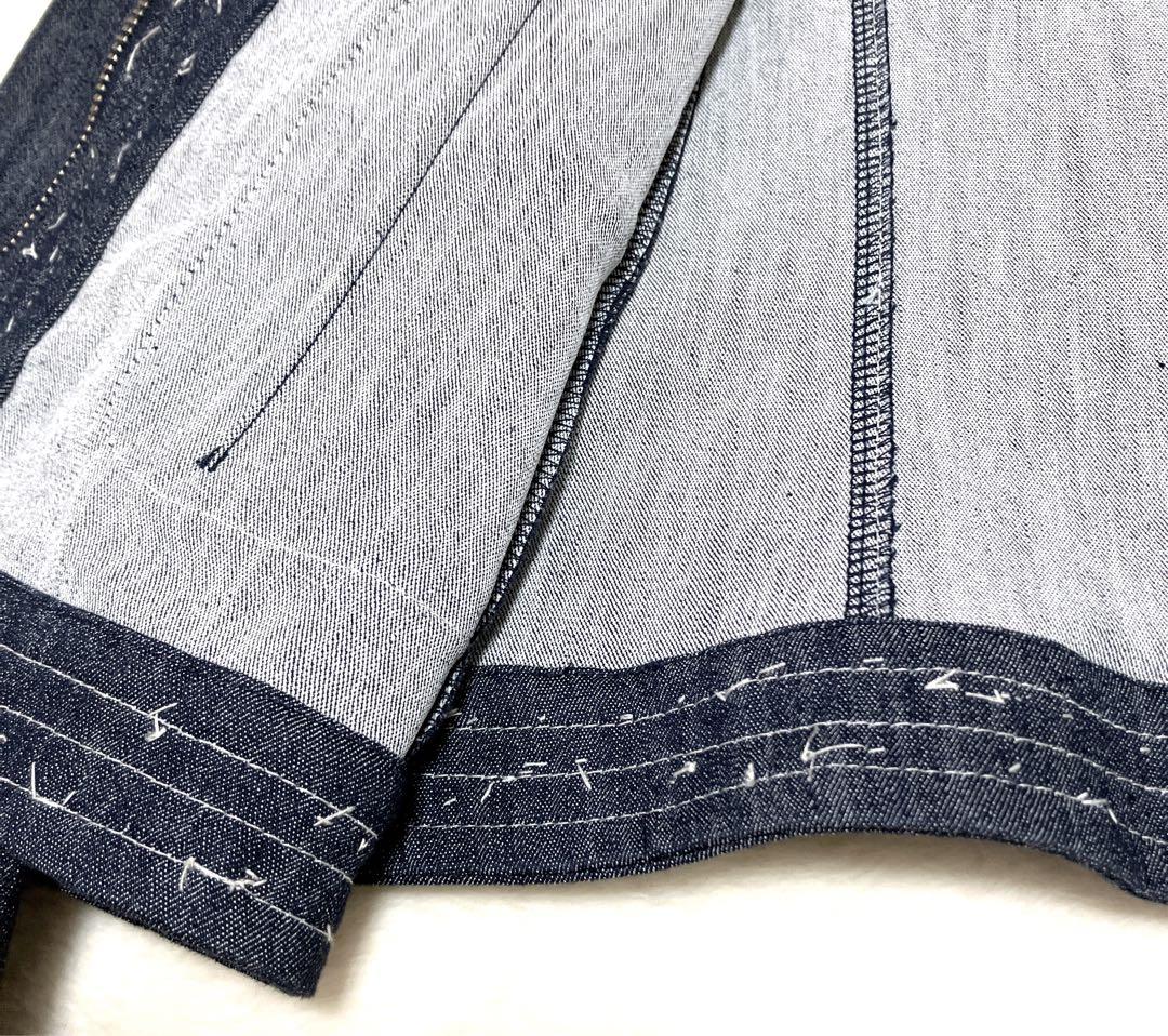 スーパービューティー　ストレッチ　デニム　ノーカラー　ジャケット　パール　リボン