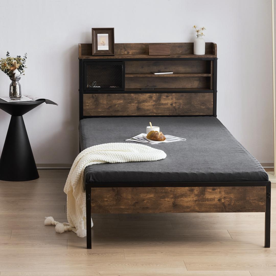 【Sシングル】ベッドフレーム　コンセント付き　宮付き　BLACK