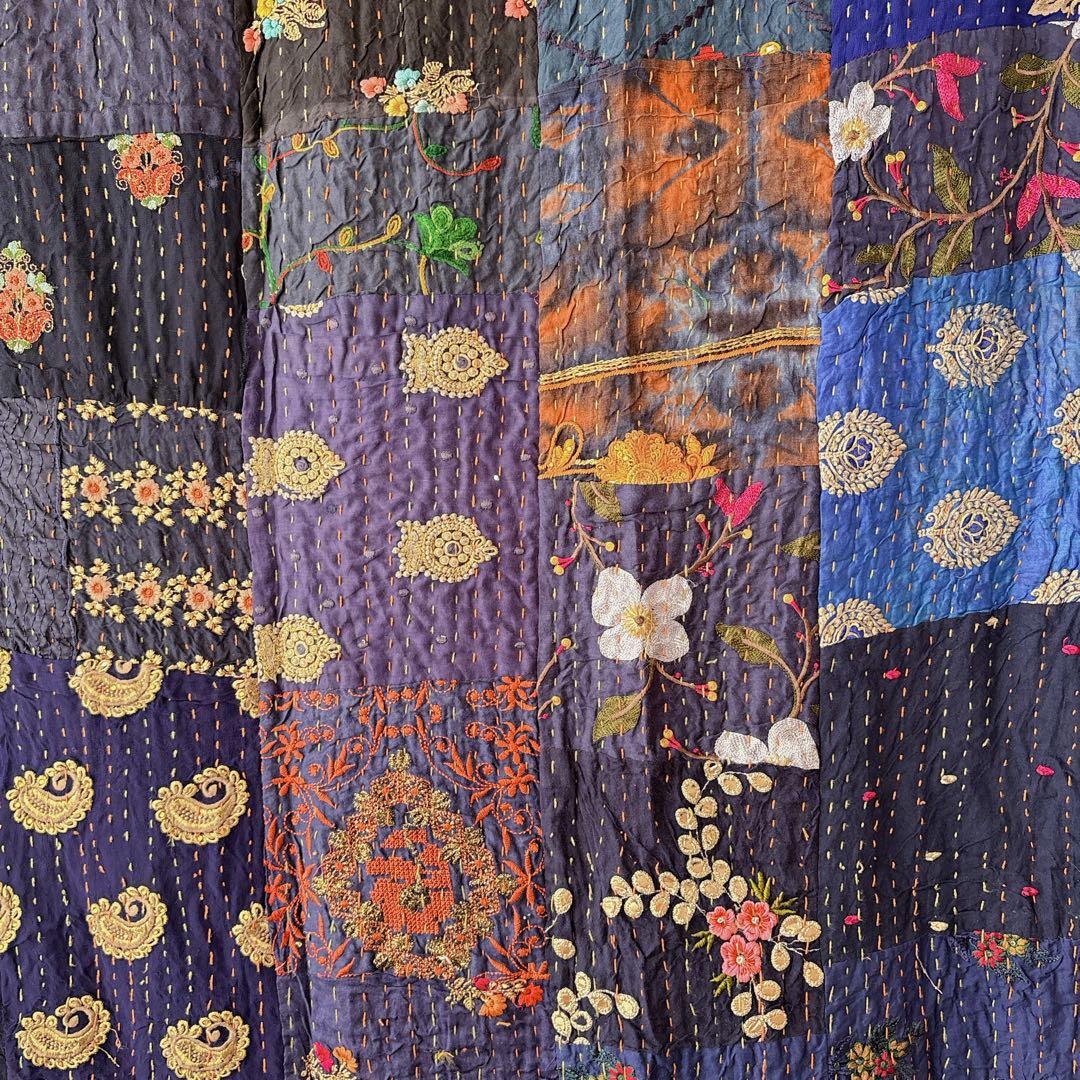 未使用❁大判　エンブロイダリー　ネイビー　パッチワークカンタキルトマルチカバー