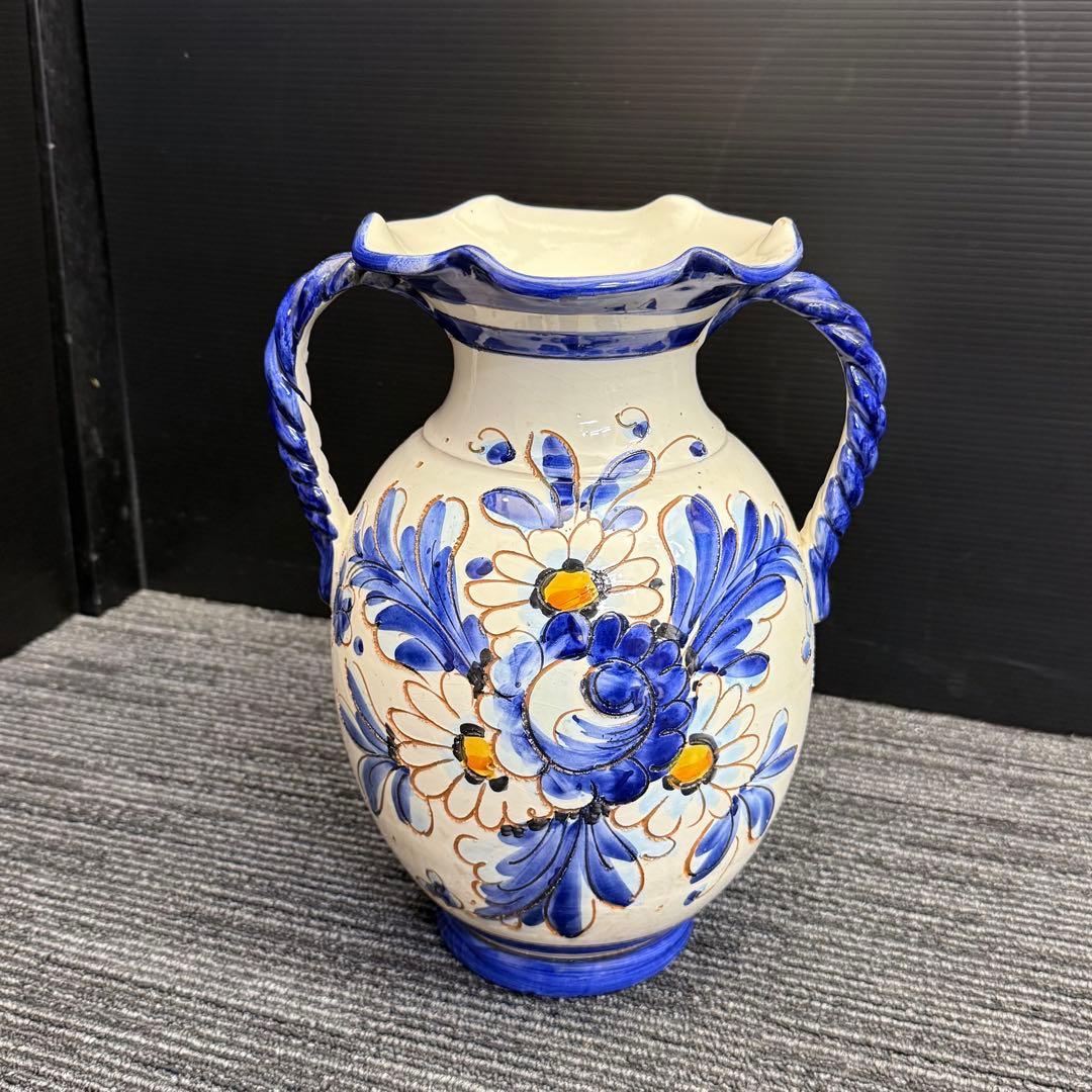 ヴィンテージ スペイン風 陶器 花瓶 特大 オブジェ 31cm ツイストハンドル