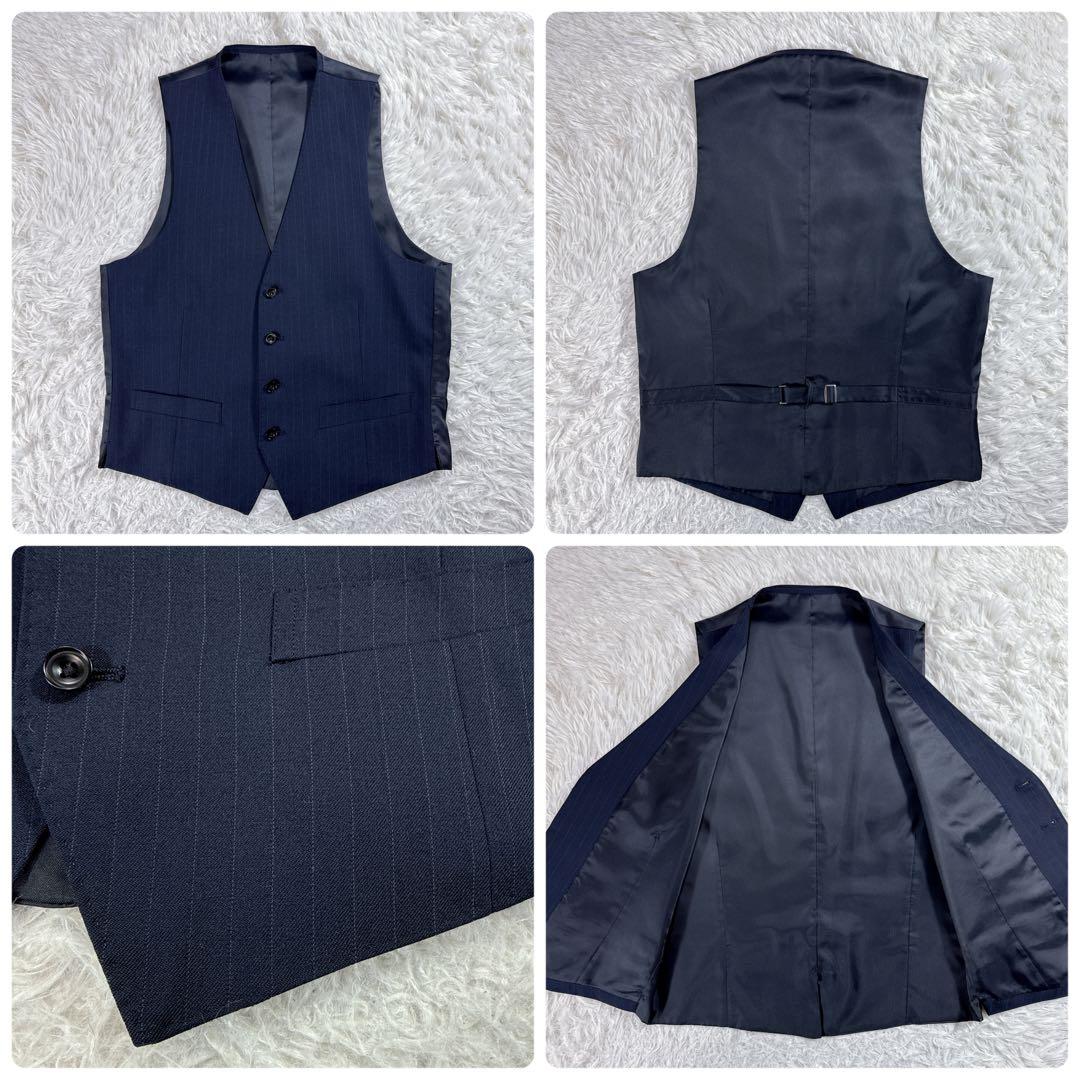 【美品】スーツセレクト スリーピーススーツ ストライプ A4 ネイビー スリム