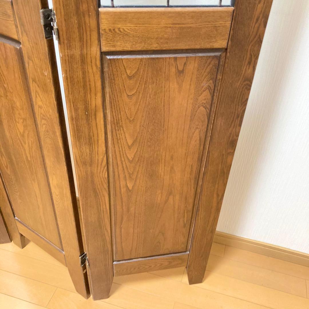 ステンドグラス 木製 パーテーション 3連 アンティーク調 間仕切り 衝立