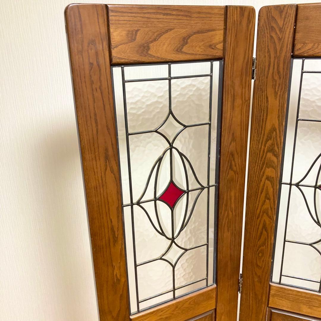 ステンドグラス 木製 パーテーション 3連 アンティーク調 間仕切り 衝立