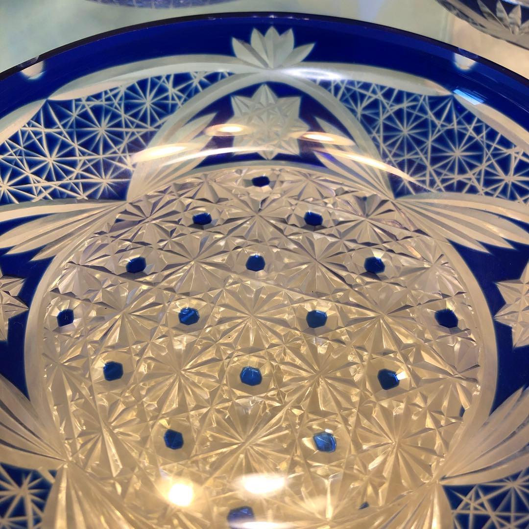 江戸切子　 瑠璃　麻の葉 菊龍目の文様昭和レトロ　8枚セット※説明必読