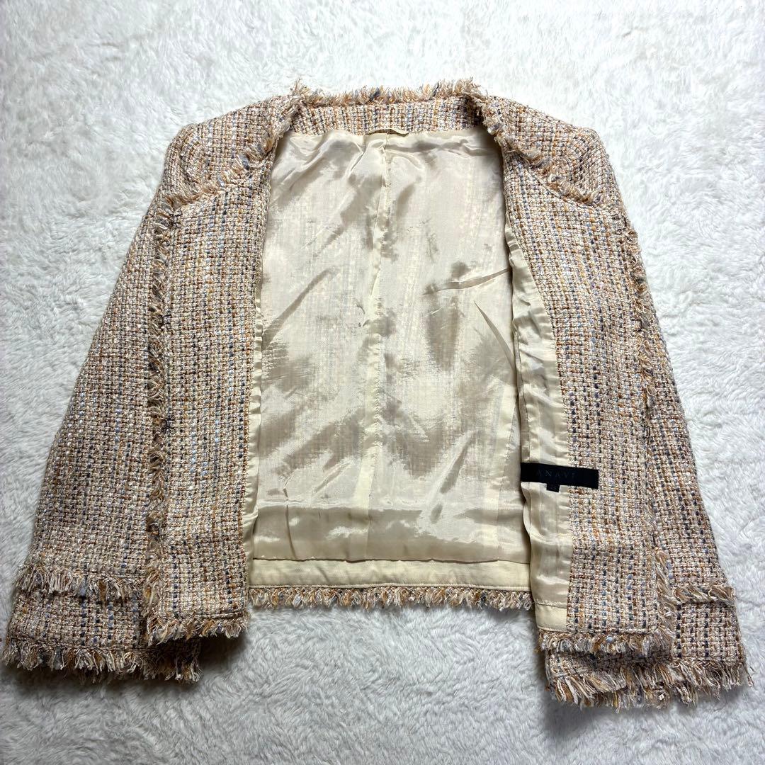 ANAYI アナイ カラーミックスツィード ノーカラー ジャケットベージュ系