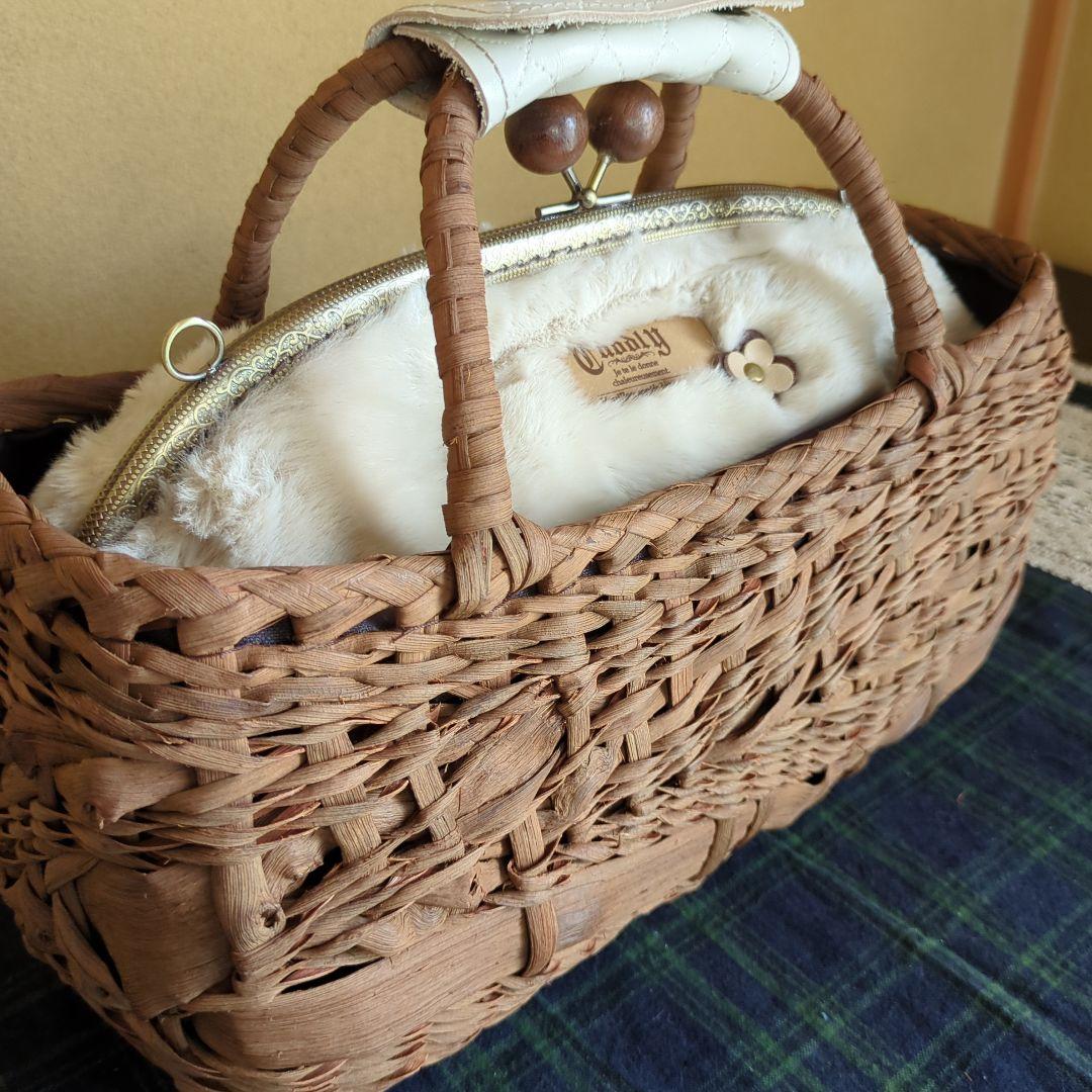 ●チャコ籠用ミナペルホネン風鳥花がま口あけび山葡萄かごバッグフェイクファー